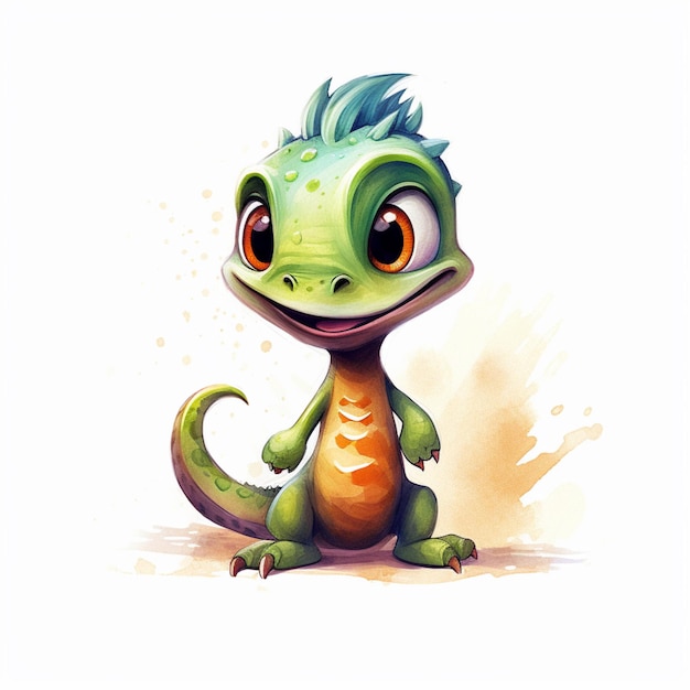 Cartoon illustration of a cute little lizard with a green head generative ai