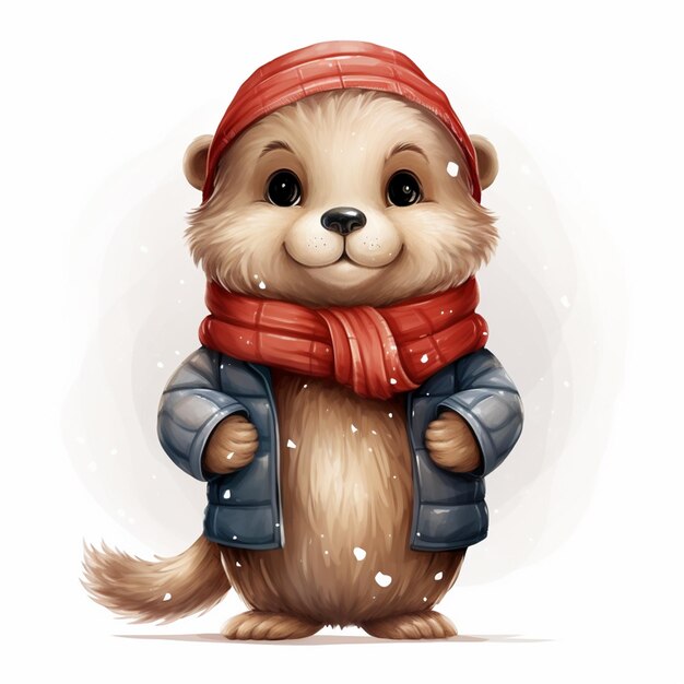 cartoon illustration of a cute little otter wearing a winter coat and a red hat generative ai