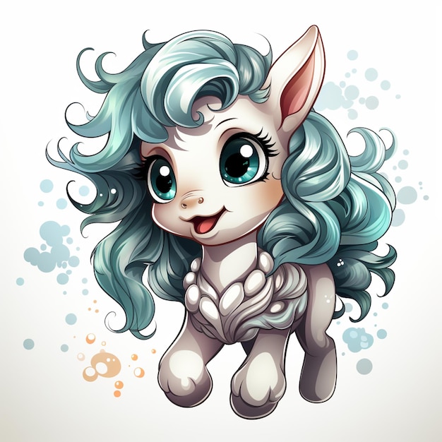 cartoon illustration of a cute little pony with blue hair generative ai