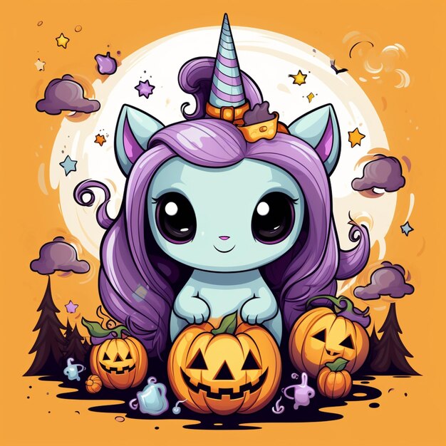 Photo cartoon illustration of a cute little unicorn with a halloween pumpkin generative ai