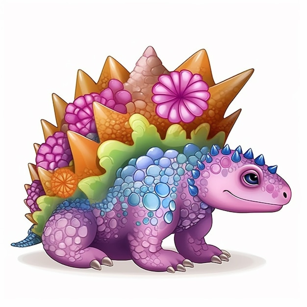 Cartoon illustration of a cute purple dinosaur with colorful flowers generative ai