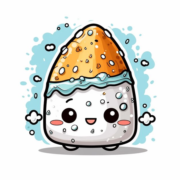 cartoon illustration of a cute rice ball with a face and eyes generative ai