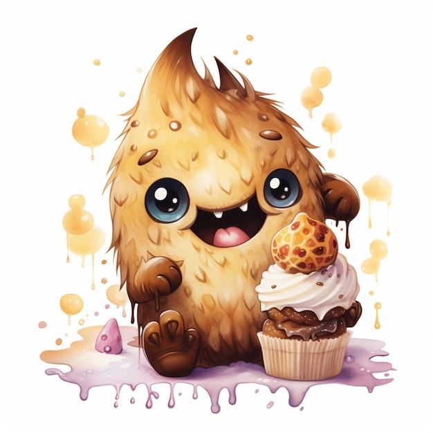 cartoon illustration of a cute yet with a cupcake and a sprinkle of icing generative ai