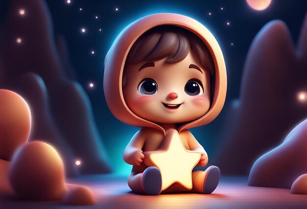 Cartoon illustration of a cute young boy holding a star