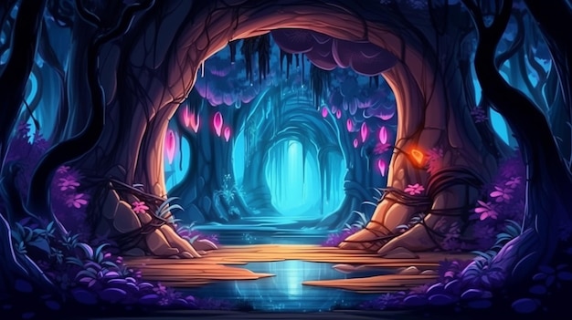 A cartoon illustration of a dark cave with a waterfall and a cave entrance generative ai