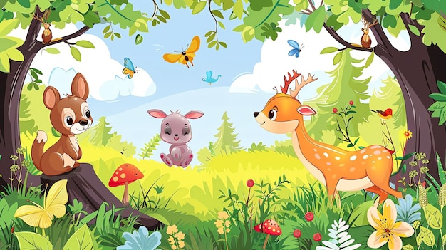 Иллюстрация мультфильма оленьего кролика и белки в лесу
