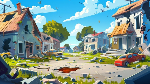 Photo a cartoon illustration depicting abandoned suburban houses suburban streets with boarded up windows and doors holes in walls and abandoned cars neglected buildings in the countryside