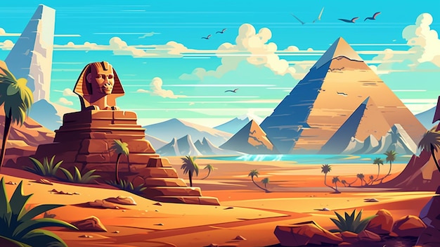 A cartoon illustration of a desert with a pyramid and a sphinx generative ai