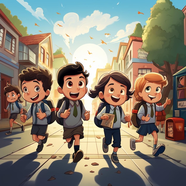 Дизайн карикатурной иллюстрации некоторых детей, бегущих в школу, идеально подходит для создания баннера или флаера с остроумием