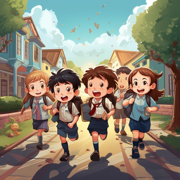 Cartoon illustration design of some kids running go to school perfect to create banner or flyer wit