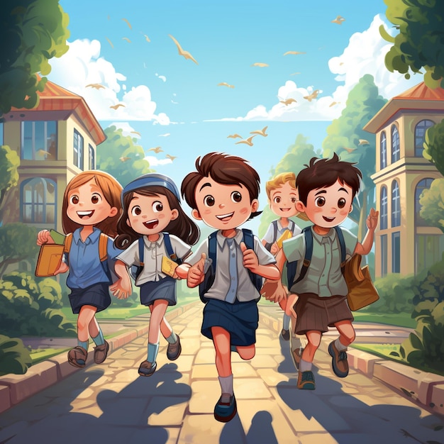 Cartoon illustration design of some kids running go to school perfect to create banner or flyer wit