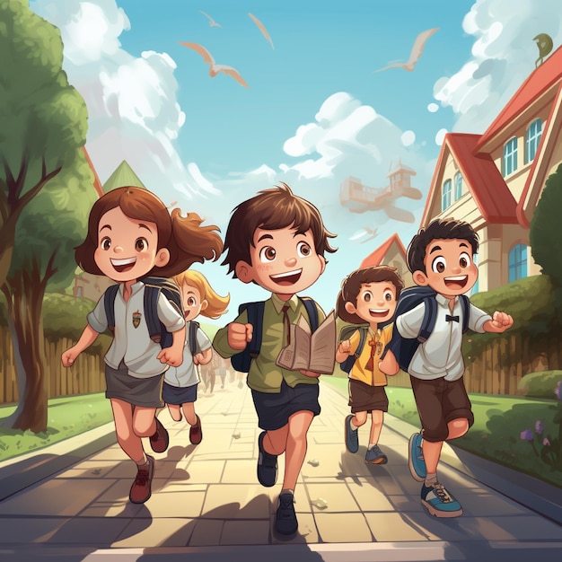 Cartoon illustration design of some kids running go to school perfect to create banner or flyer wit