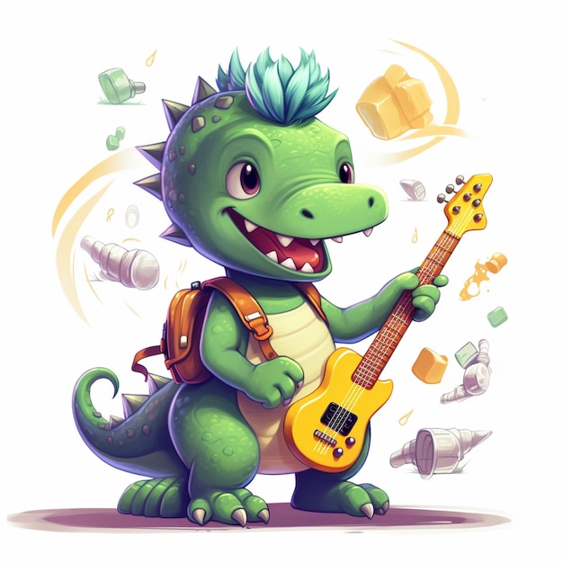 cartoon illustration of a dinosaur playing a guitar and singing generative ai