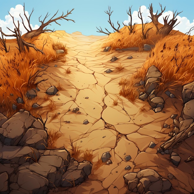 Photo cartoon illustration of a dirt road in a dry generative ai