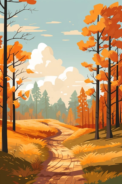 A cartoon illustration of a dirt road in a forest with trees generative ai