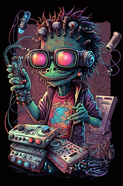 A cartoon illustration of a dj with a man wearing a t - shirt that says'zombie'on it