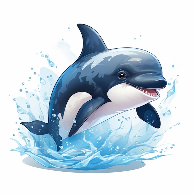 Cartoon illustration of a dolphin jumping out of the water generative ai