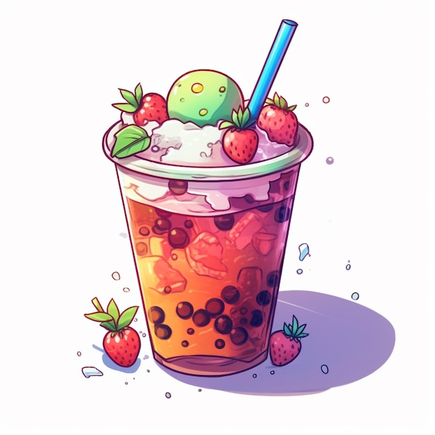 Photo cartoon illustration of a drink with strawberries and ice cream generative ai