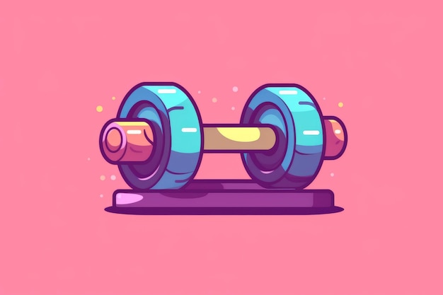 A cartoon illustration of a dumbbell on a pink background.