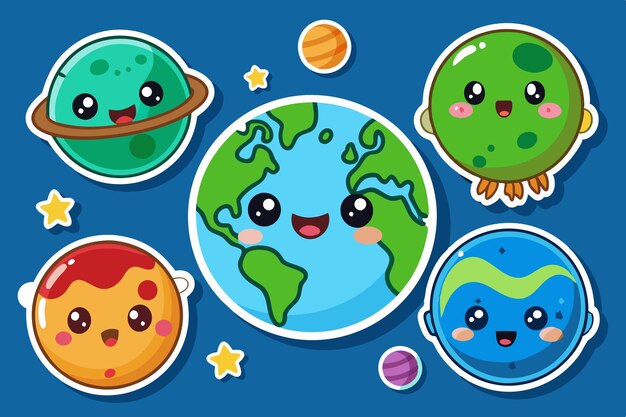 Photo cartoon illustration of earth stickers collection