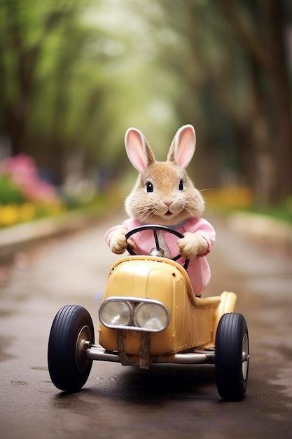 cartoon illustration easter bunny in a pedal car