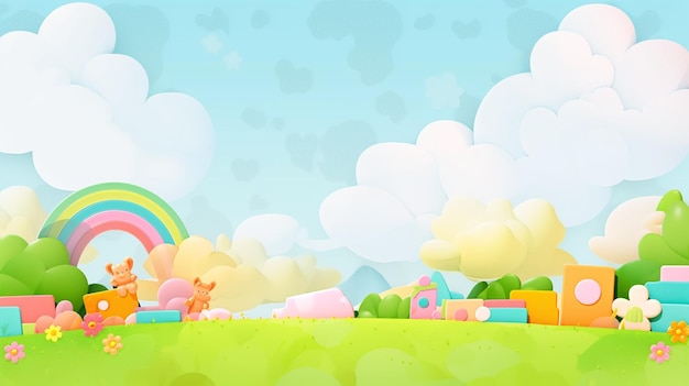 a cartoon illustration of easter eggs and rainbows on a field