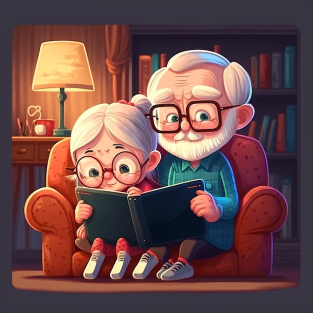 cartoon illustration of an elderly couple reading a book together generative ai