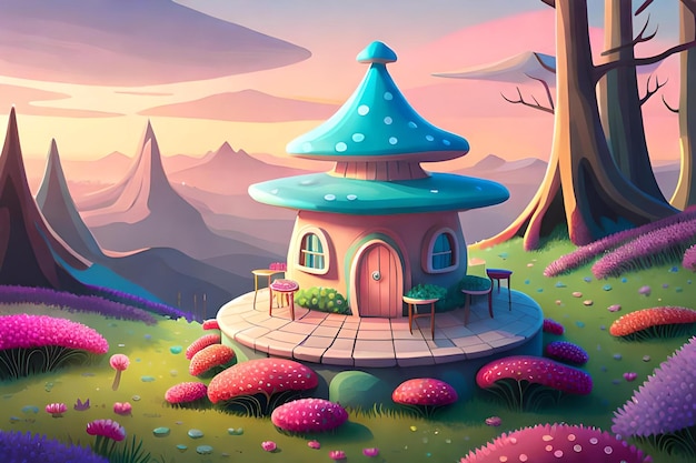 A cartoon illustration of a fairy house in a mountain landscape.