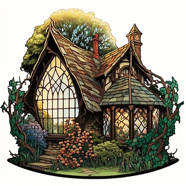 Photo cartoon illustration of a fairy house with a garden and a pathway generative ai