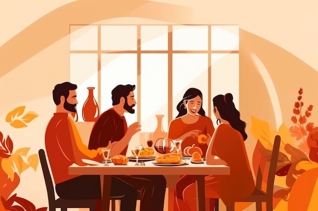 cartoon illustration of family celebrate in Thanksgiving