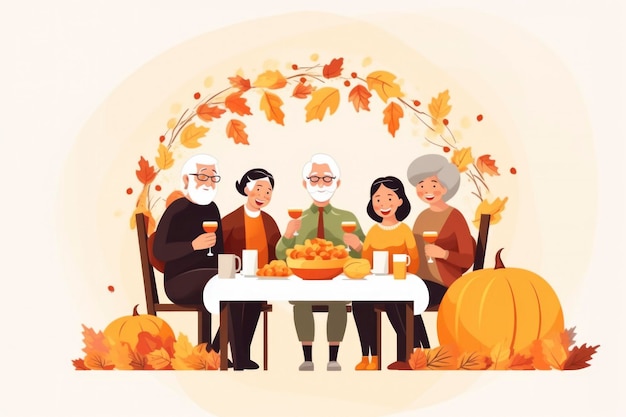 Photo cartoon illustration of family celebrate in thanksgiving