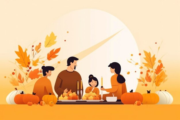 Cartoon illustration of family celebrate in thanksgiving