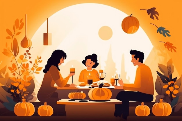 Cartoon illustration of family celebrate in thanksgiving