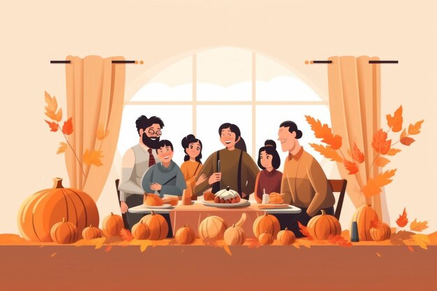 Cartoon illustration of family celebrate in thanksgiving