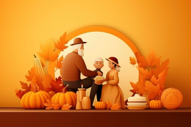 Cartoon illustration of family celebrate in thanksgiving