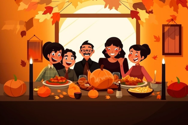 Cartoon illustration of family celebrate in thanksgiving