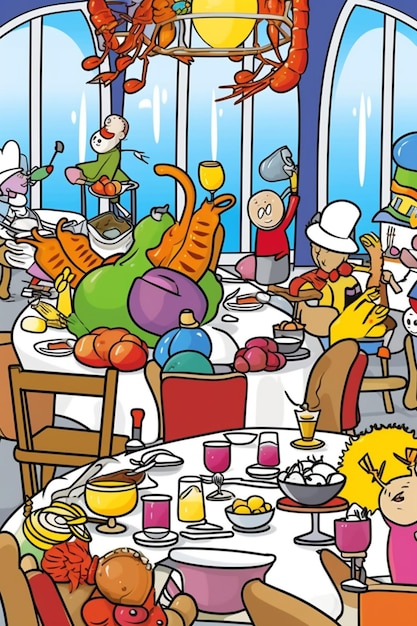 cartoon illustration of a family dinner with a lobster and other animals generative ai