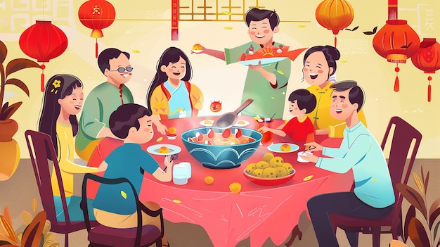 Photo a cartoon illustration of a family having a meal at a table