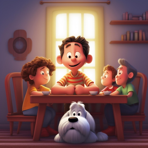 Cartoon illustration of a family sitting at a table with a dog generative ai