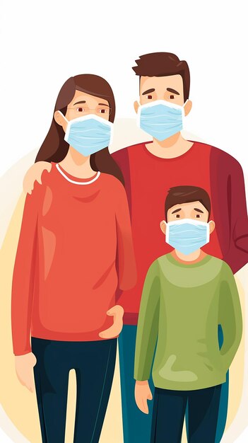cartoon illustration Family wearing surgical mask