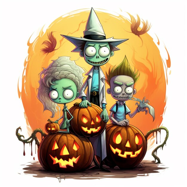 Photo cartoon illustration of a family of zombies with pumpkins generative ai