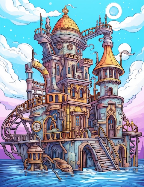 cartoon illustration of a fantasy castle on a floating island generative ai