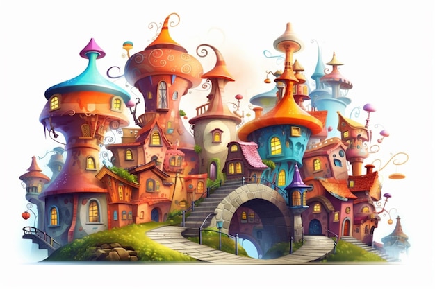 Cartoon illustration of a fantasy castle with a bridge and a bridge generative ai