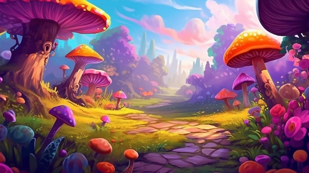 A cartoon illustration of a fantasy forest with mushrooms and a path generative ai