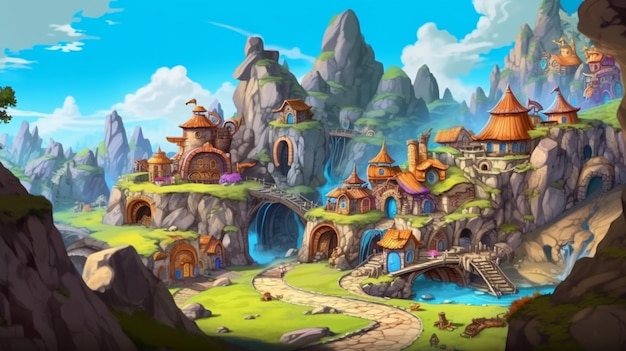 A cartoon illustration of a fantasy village in the mountains generative ai