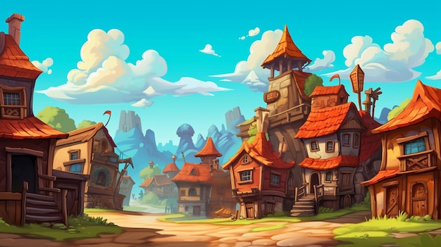 Cartoon illustration of a fantasy village with a road and a castle generative ai