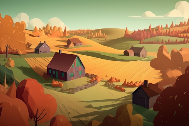 A cartoon illustration of a farm with a house on the horizon.