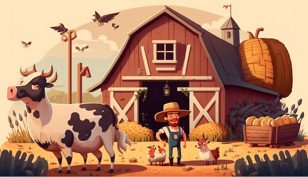 A cartoon illustration of a farmer standing in front of a barn with cows and a barn.