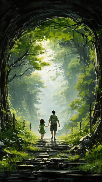 мультяшная иллюстрация отца и дочери, идущих по покрытой деревьями тропинке, пронизанной лучами света