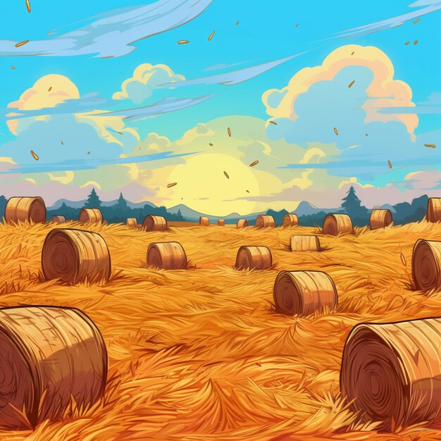 a cartoon illustration of a field with hay bales and a sunset generative ai